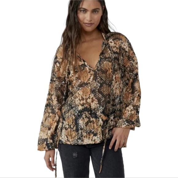 Free People Out For The Night Top / Snake Combo Tan Black blouse tops size small - Picture 1 of 13